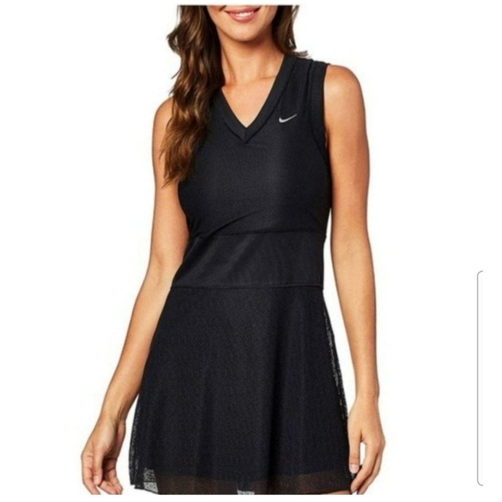 Nike Tennis Dress Womens Small Black Dri-FIT Mesh V-Neck Pleated Back Athletic